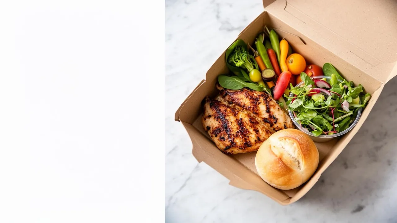 Boxed lunch opened to show herb-grilled chicken, roasted vegetables, and a side salad — Fairfield Catering meal delivery