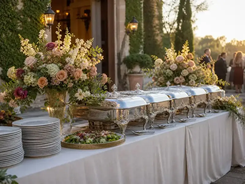 Napa wine-country event display with vintage silver chafers, soft seasonal blooms, greenery, and refined reception styling.