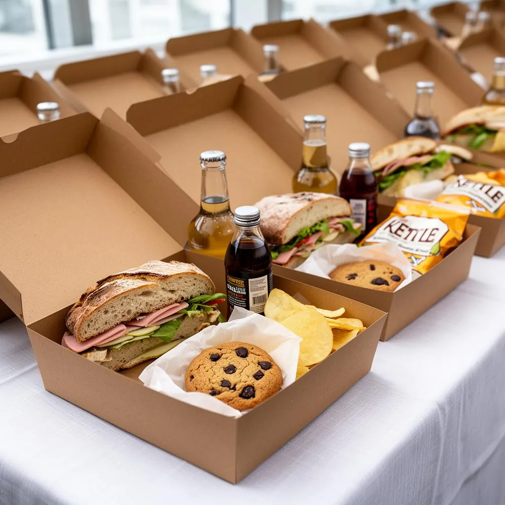 Boxed lunches lined up for a Benicia office catering delivery