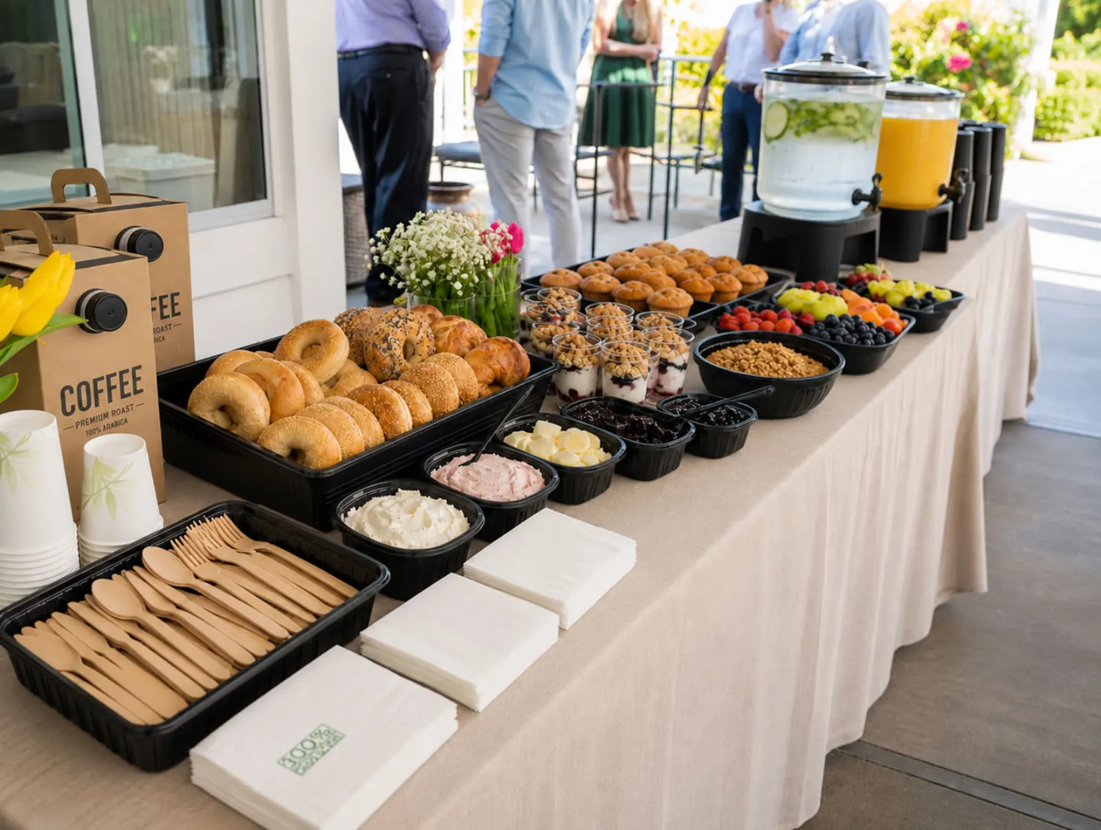 Drop-off continental breakfast display with bagels, muffins, yogurt parfaits with granola, fresh fruit and berries, coffee, iced water, and orange juice on a linen-draped outdoor buffet by Napa Catering Company