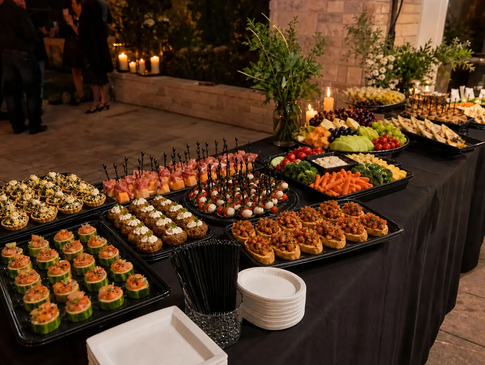 Elegant evening drop-off appetizer station with caprese skewers, prosciutto and melon, bruschetta, stuffed mushrooms, smoked salmon cucumber cups, artichoke tartlets, crudité, fresh fruit and cheese trays, and candlelit florals by Napa Catering Company