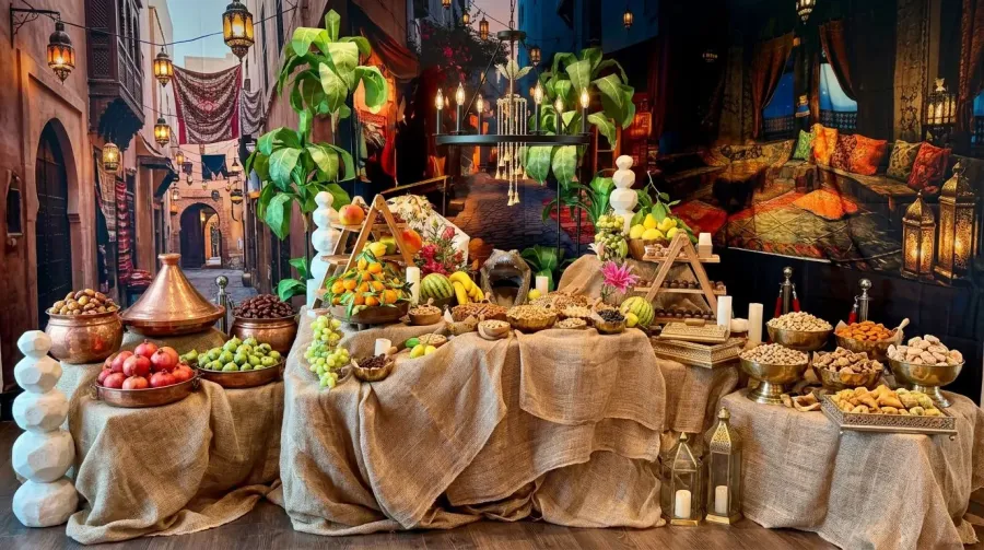 Jewel-toned grazing display of dried fruit, nuts and sweets dressed with dramatic blooms and greenery — themed floral styling for American Canyon catering
