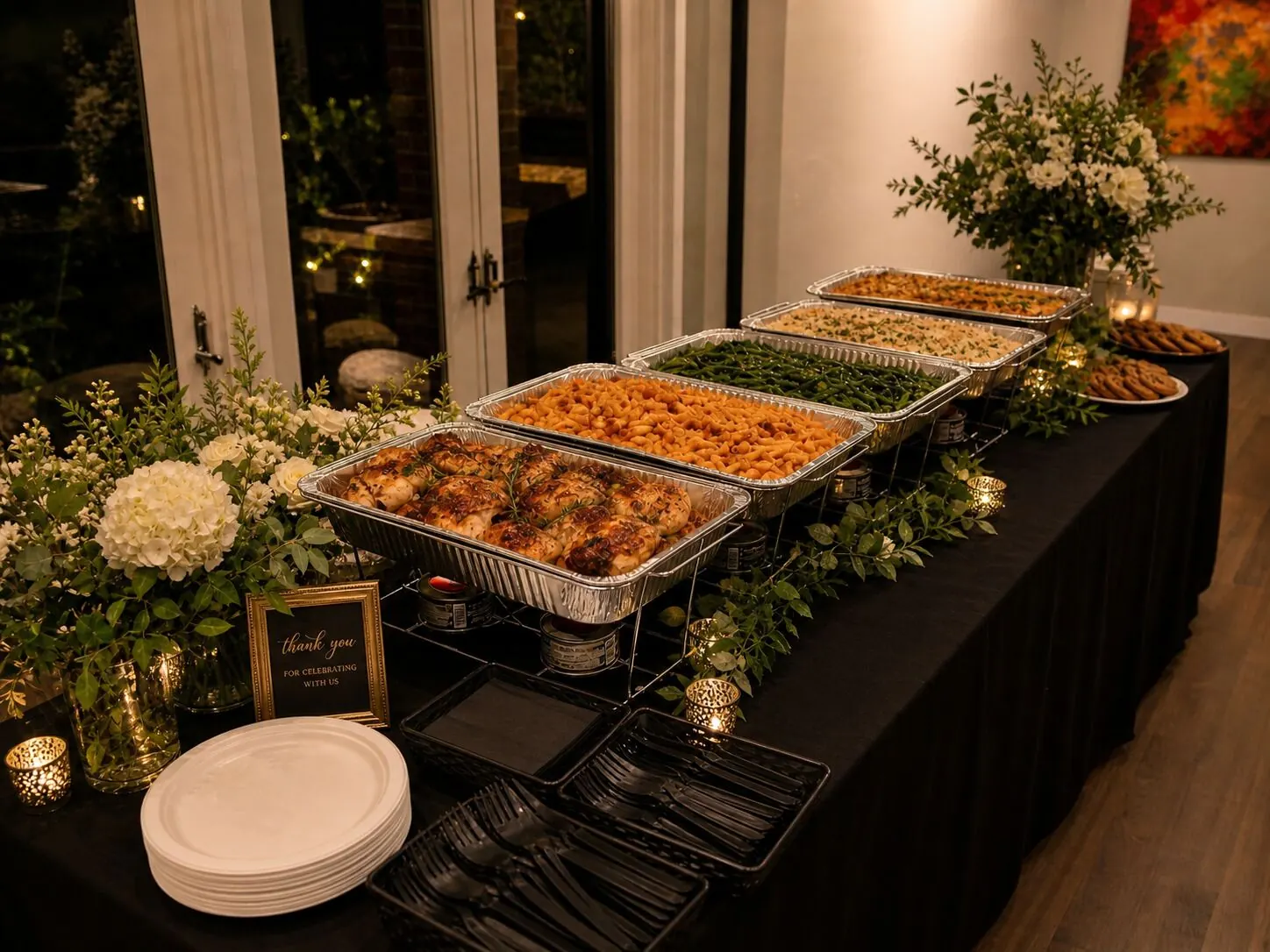 Delivered supper of roast chicken, baked pasta, green beans and rice finished with candlelight and small arrangements — floral upgrades for Napa catering deliveries
