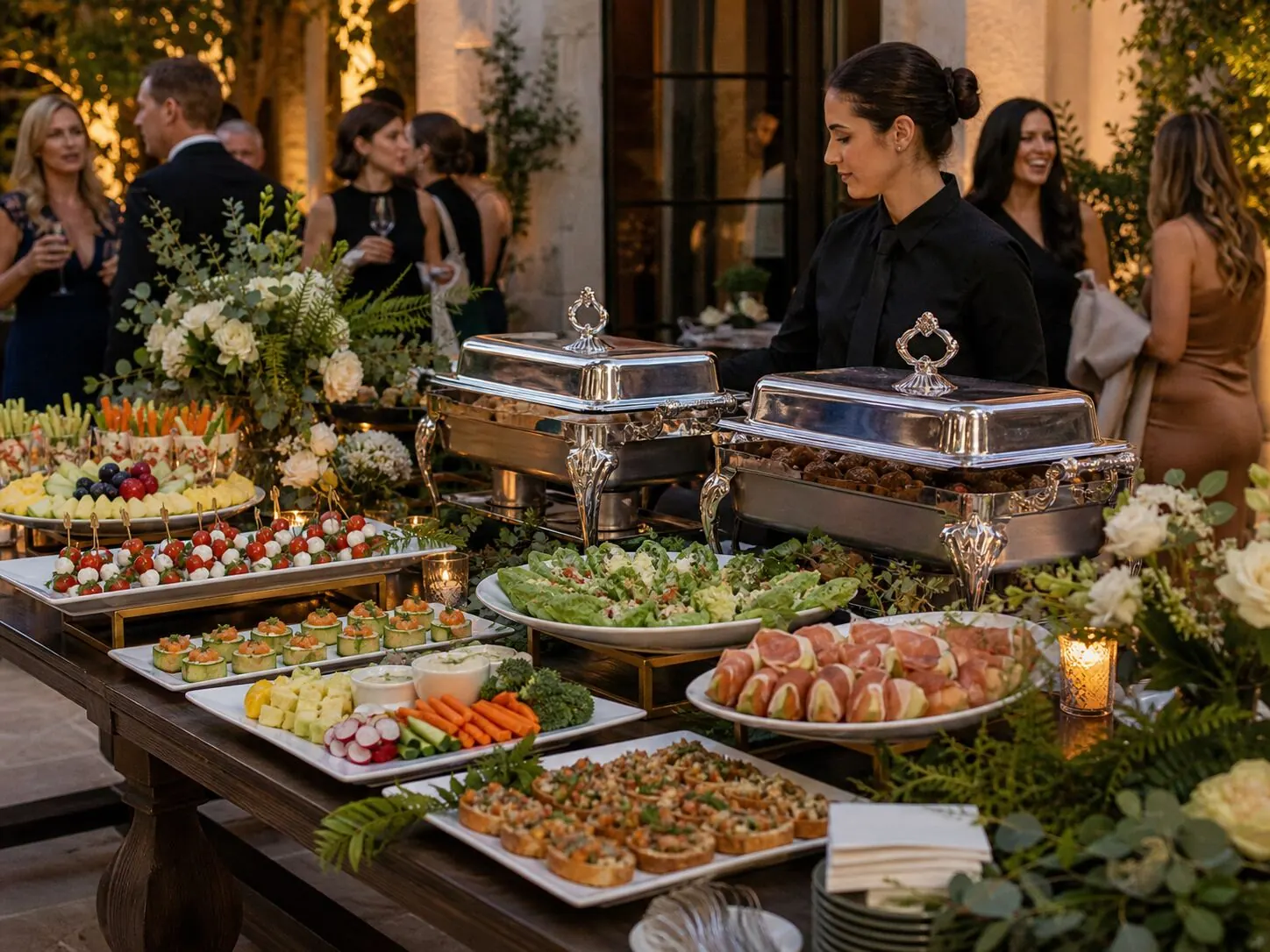 Staffed appetizer station with cheeses, crostini and marinated vegetables at a Napa cocktail hour by Napa Catering Company