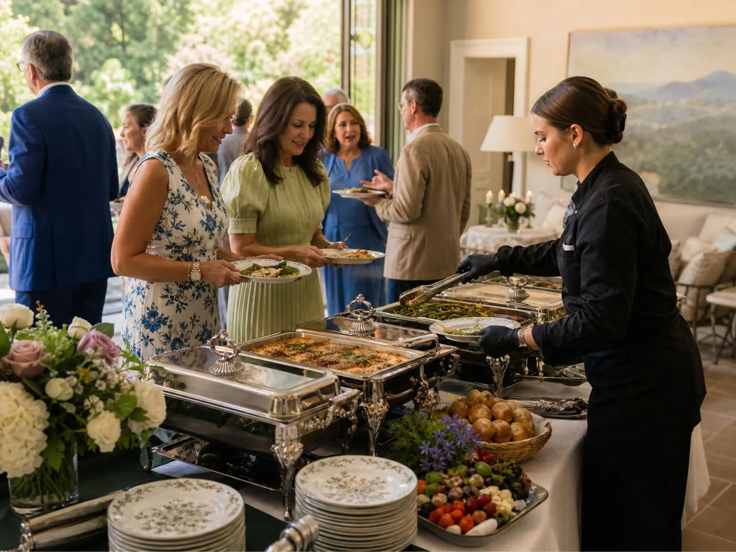 Staffed lunch buffet with hot entrees and salads set up for a Napa tasting-room team by Napa Catering Company