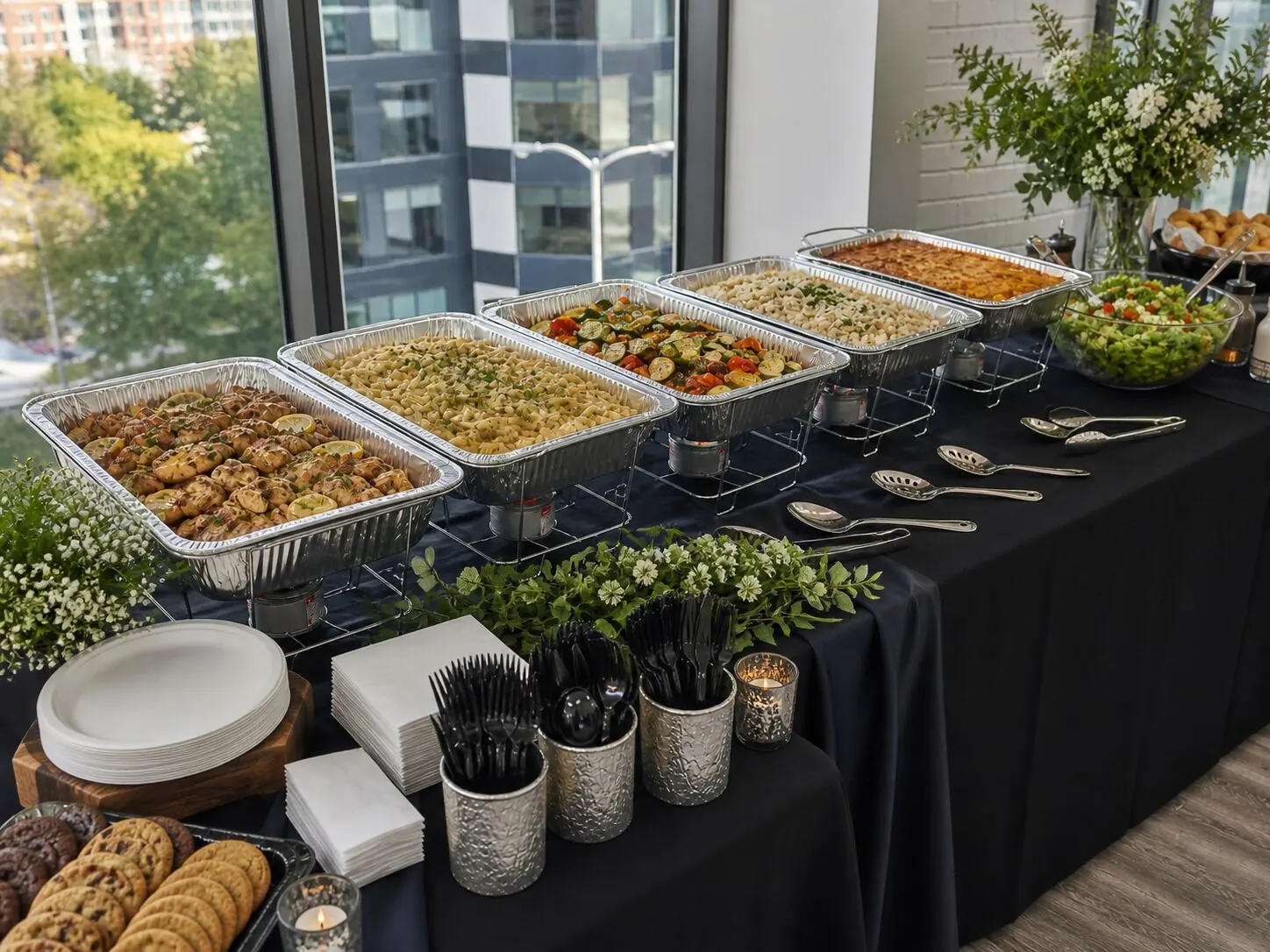 Hot lunch trays plated up for a Vallejo office catering delivery
