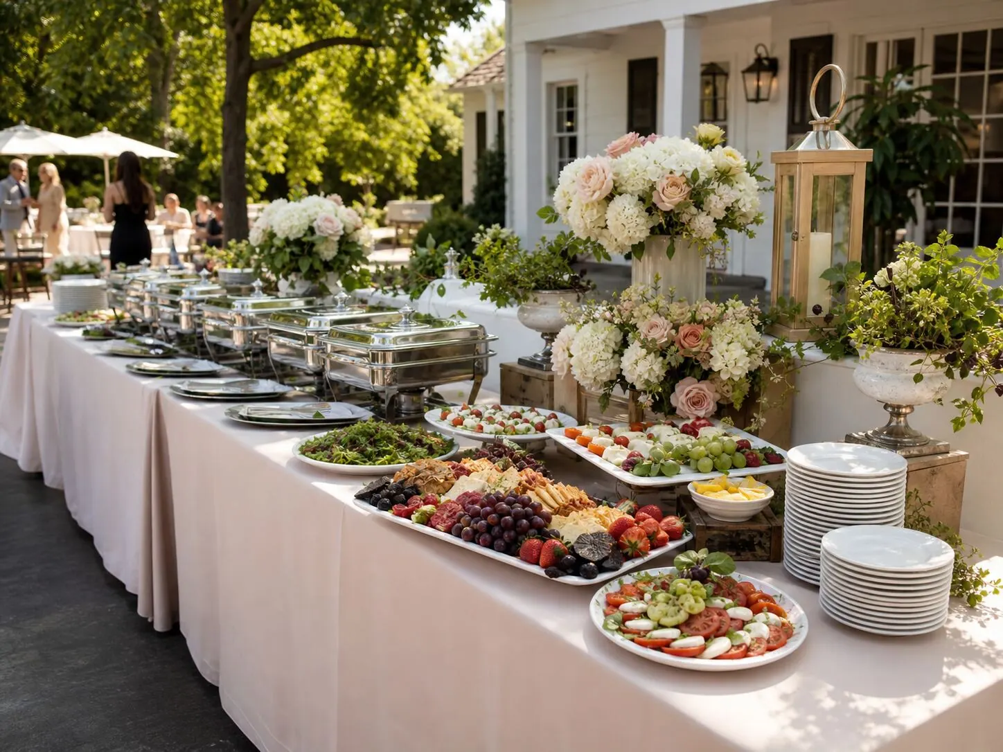 Open-air buffet pairing silver chafers and charcuterie boards with garden arrangements down the table — outdoor floral styling for Napa catering